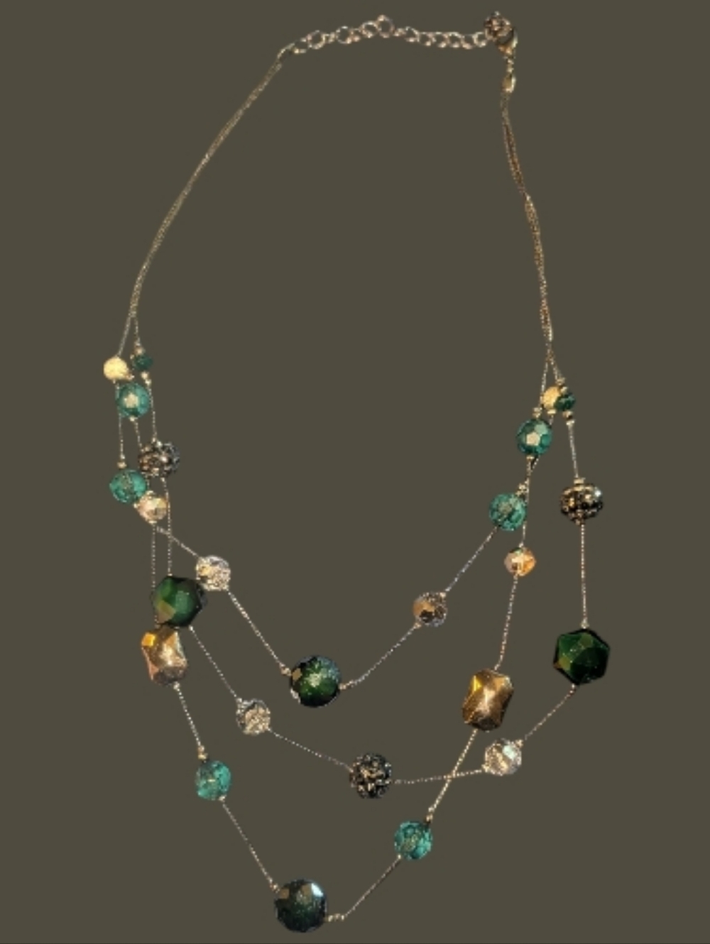 EUC Lia Sophia Multi-Strand Green Sea Glass and Gunmetal Bead Necklace